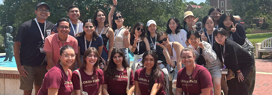 Students in front of fountain