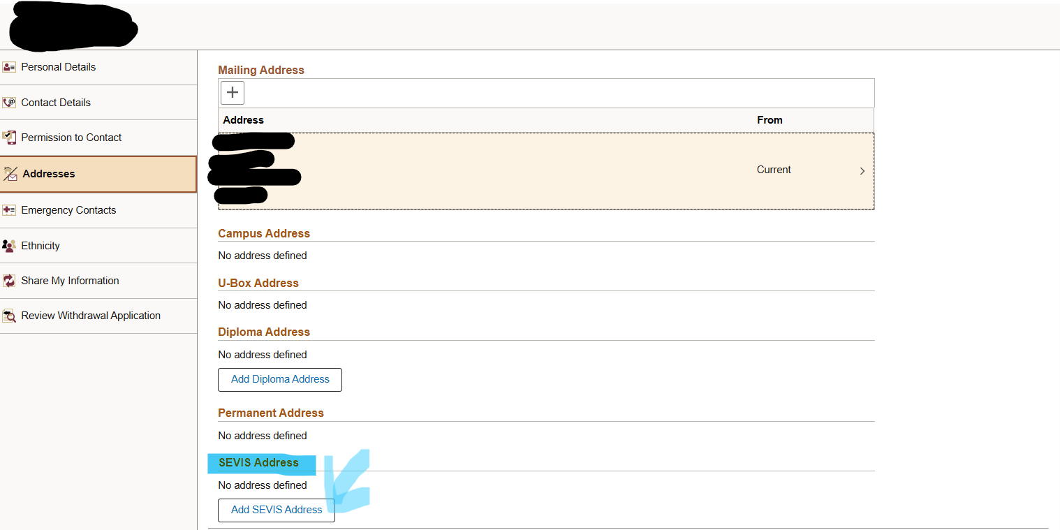 Image of link to add sevis address