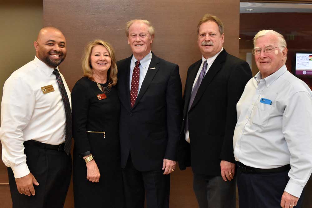 FSU Senior leadership pose for a picture. From left: Dr. Brandon Bowden, AVP for Student Affairs; Dr. Cynthia Green, Director of the Center for Global Engagement; President Thrasher; Dr. Stephen McDowell, Assistant Provost of International Initiatives; Dr. Jim Pitts, Director of International Programs